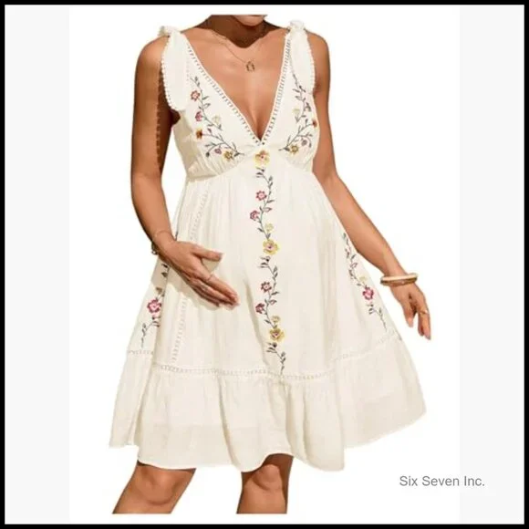 Rayon Maternity Mini Dress Floral Embroidery Boho Beach Vacation - Picture 4 of 5